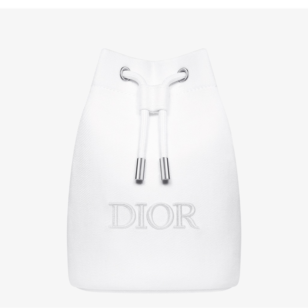 Christian Dior Beauty White Twill Drawstring Pouch Makeup Bucket Bag CD Logo New